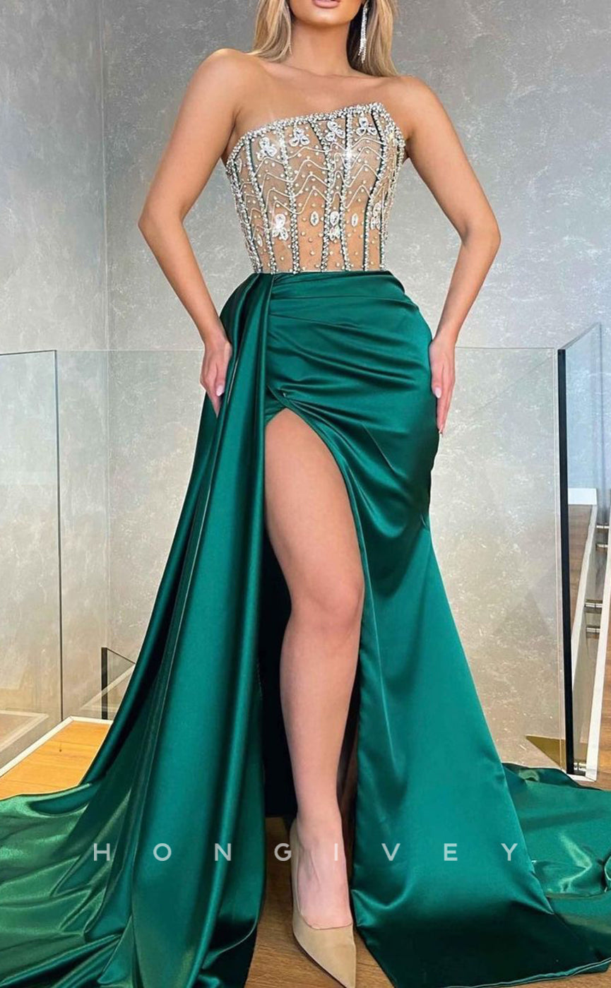 L2264 - Sexy Satin Fitted Strapless Empire Empire Empire With Side Slit Train Party Prom Evening Dress