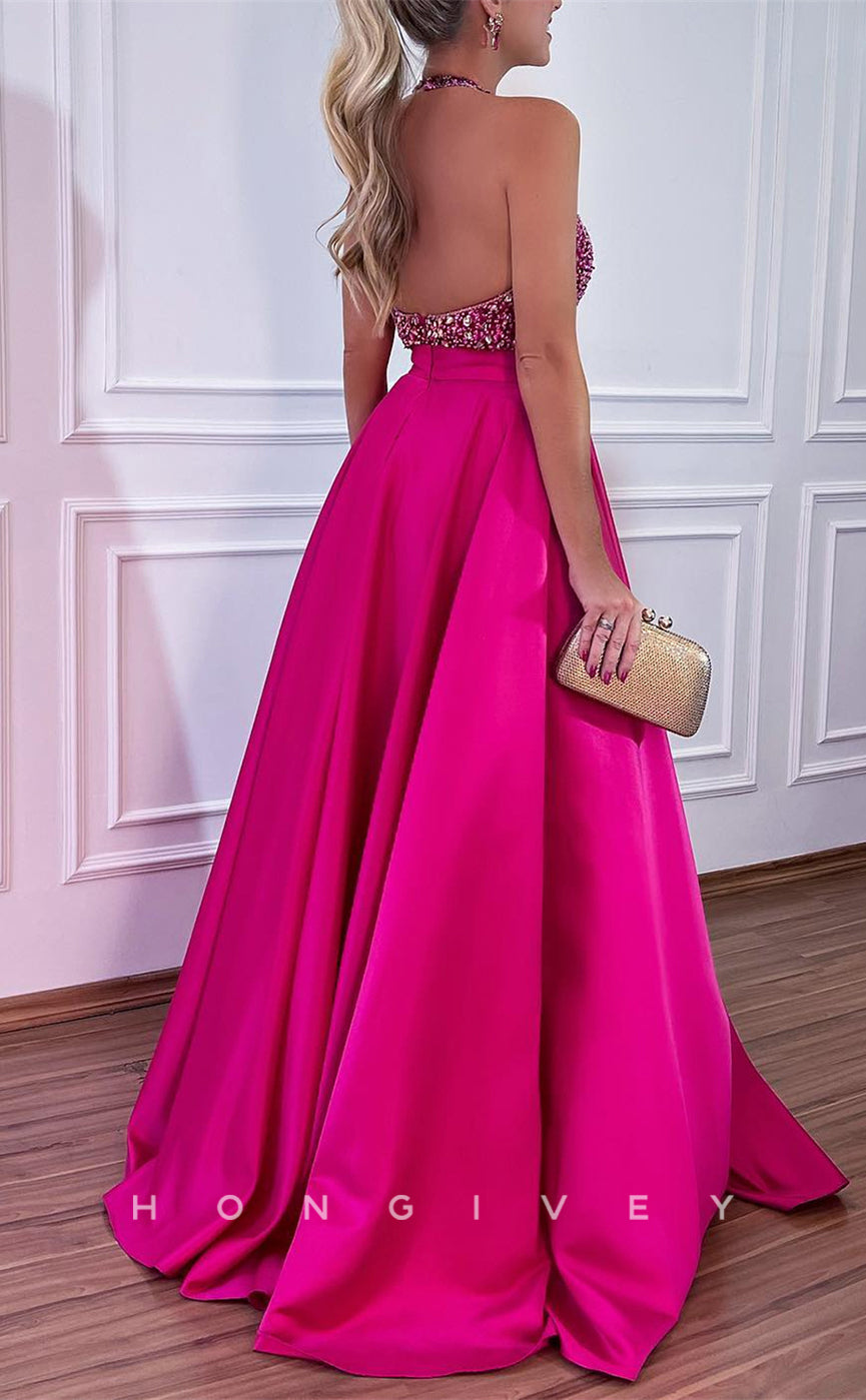 L2265 - Sexy Satin A-Line Halter Empire Beaded With Pockets Train Party Prom Evening Dress