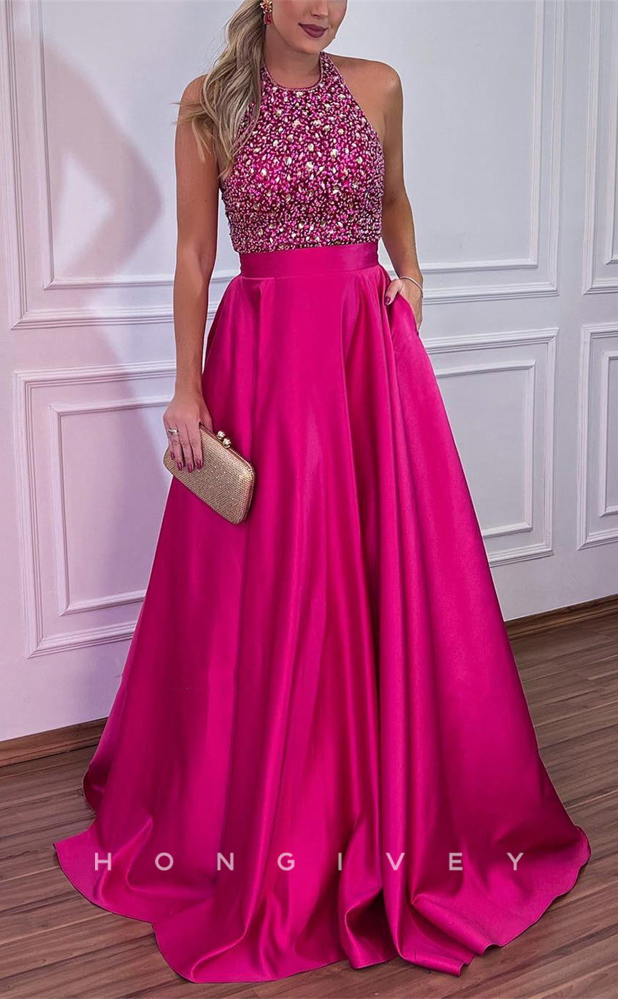 L2265 - Sexy Satin A-Line Halter Empire Beaded With Pockets Train Party Prom Evening Dress