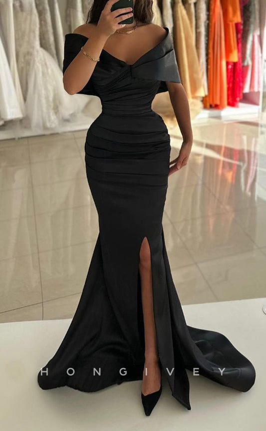 L2269 - Sexy Satin Trumpet Empire Off-Shoulder Ruched With Side Slit Train Party Prom Evening Dress