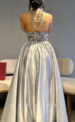 L2272 - Sexy Satin A-Line Halter Empire Beaded Appliques Floor-Length Party Prom Evening Dress