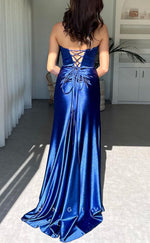 L2274 - Sexy Satin Fitted V-Neck Strapless Empire Ruched With Side Slit Train Party Prom Evening Dress