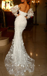 L2275 - Sexy Trumpet Tulle Strapless Detachable Puff Sleeves Empire Floral Embossed Party Prom Evening Dress