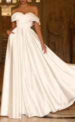 L2276 - Sexy Satin A-Line Off-Shoulder Empire Bowknot With Pockets Floor-Length Party Prom Evening Dress