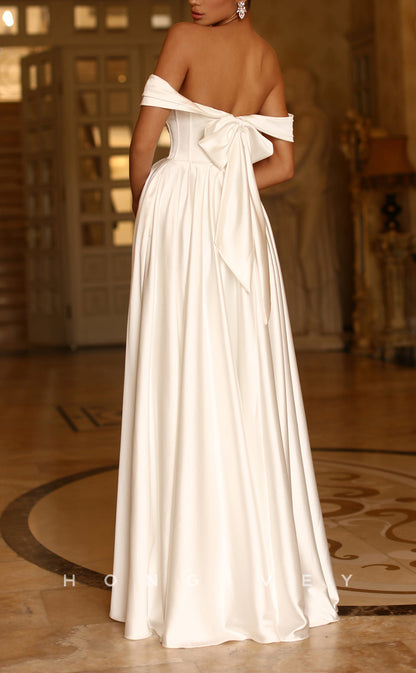 L2276 - Sexy Satin A-Line Off-Shoulder Empire Bowknot With Pockets Floor-Length Party Prom Evening Dress