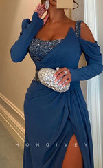 L2277 - Sexy Satin A-Line Asymmetrical Square Long Sleeve Empire Beaded Ruched With Side Slit Party Prom Evening Dress