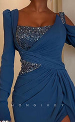 L2277 - Sexy Satin A-Line Asymmetrical Square Long Sleeve Empire Beaded Ruched With Side Slit Party Prom Evening Dress