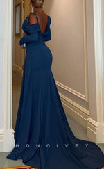 L2277 - Sexy Satin A-Line Asymmetrical Square Long Sleeve Empire Beaded Ruched With Side Slit Party Prom Evening Dress