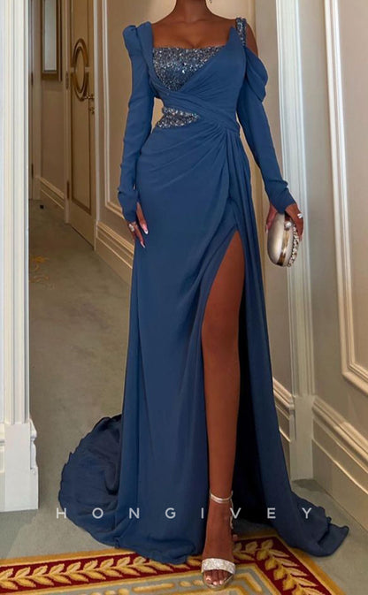 L2277 - Sexy Satin A-Line Asymmetrical Square Long Sleeve Empire Beaded Ruched With Side Slit Party Prom Evening Dress