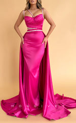 L2278 - Sexy Satin Fitted Sweetheart Spaghetti Straps Empire Beaded Ruched With Train Party Prom Evening Dress