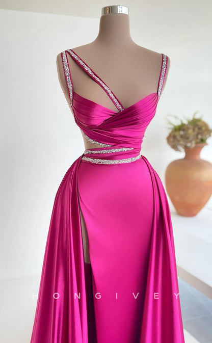 L2278 - Sexy Satin Fitted Sweetheart Spaghetti Straps Empire Beaded Ruched With Train Party Prom Evening Dress