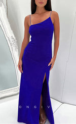 L2279 - Sexy Satin Fitted Asymmetrical Spaghetti Straps Empire Ruched With Side Slit Party Prom Evening Dress