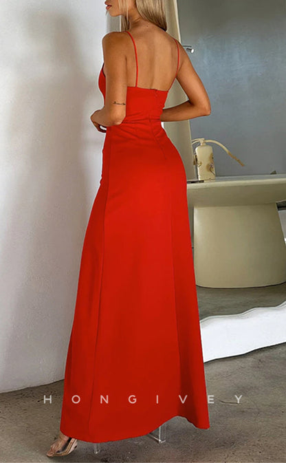 L2279 - Sexy Satin Fitted Asymmetrical Spaghetti Straps Empire Ruched With Side Slit Party Prom Evening Dress