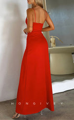 L2279 - Sexy Satin Fitted Asymmetrical Spaghetti Straps Empire Ruched With Side Slit Party Prom Evening Dress