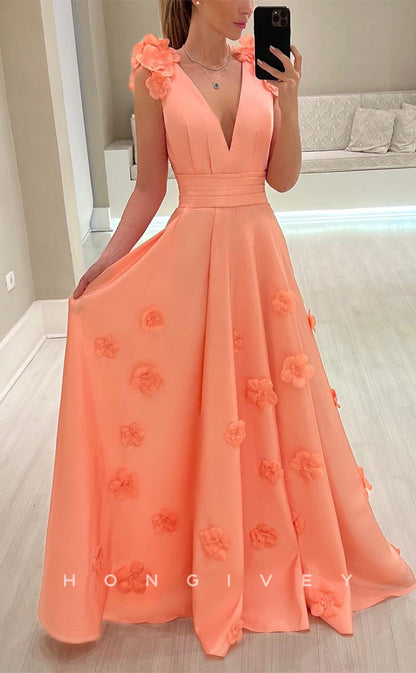L2280 - Sexy Satin A-Line V-Neck Sleeveless Empire Floral Embossed Floor-Length Party Prom Evening Dress