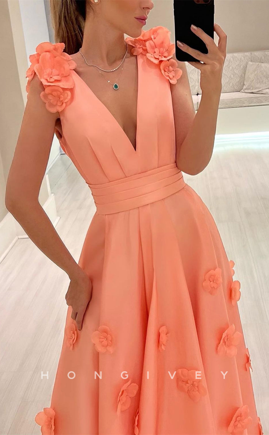 L2280 - Sexy Satin A-Line V-Neck Sleeveless Empire Floral Embossed Floor-Length Party Prom Evening Dress