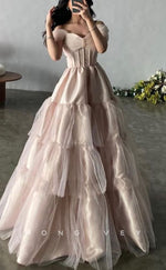 L2282 - Sexy Tulle A-Line Bowknot Off-Shoulder Empire Tiered Ball Gown Party Prom Evening Dress