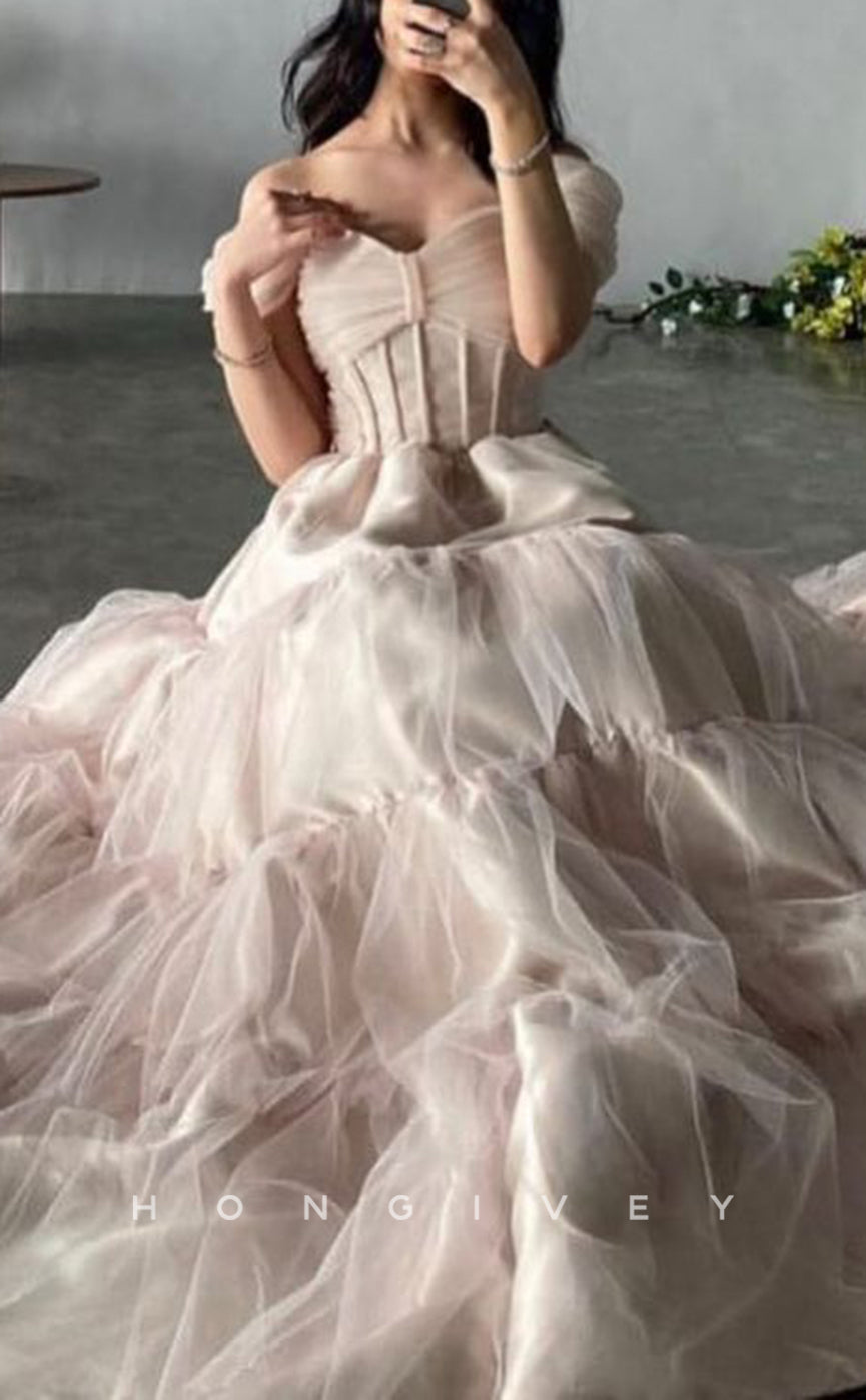 L2282 - Sexy Tulle A-Line Bowknot Off-Shoulder Empire Tiered Ball Gown Party Prom Evening Dress