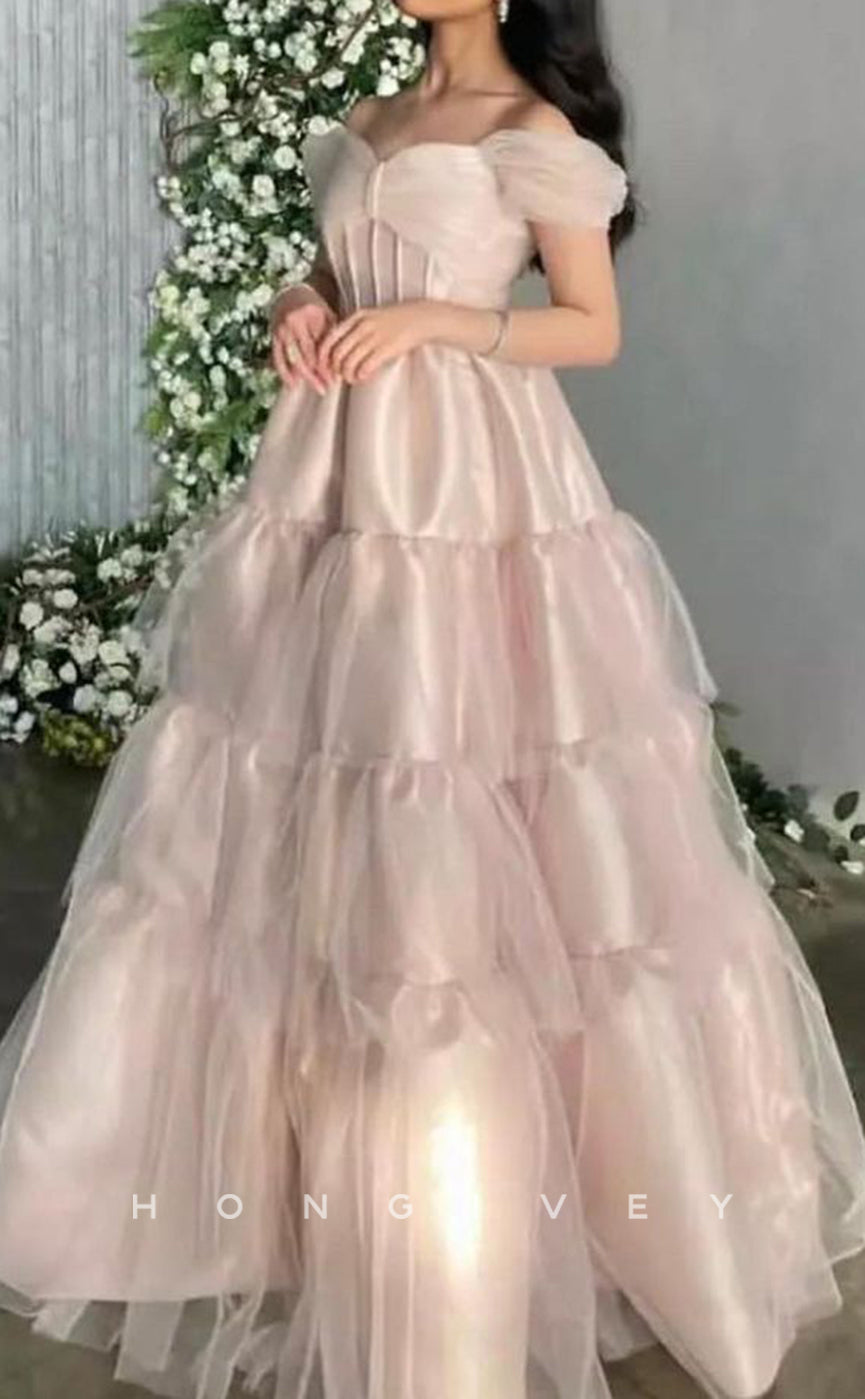 L2282 - Sexy Tulle A-Line Bowknot Off-Shoulder Empire Tiered Ball Gown Party Prom Evening Dress
