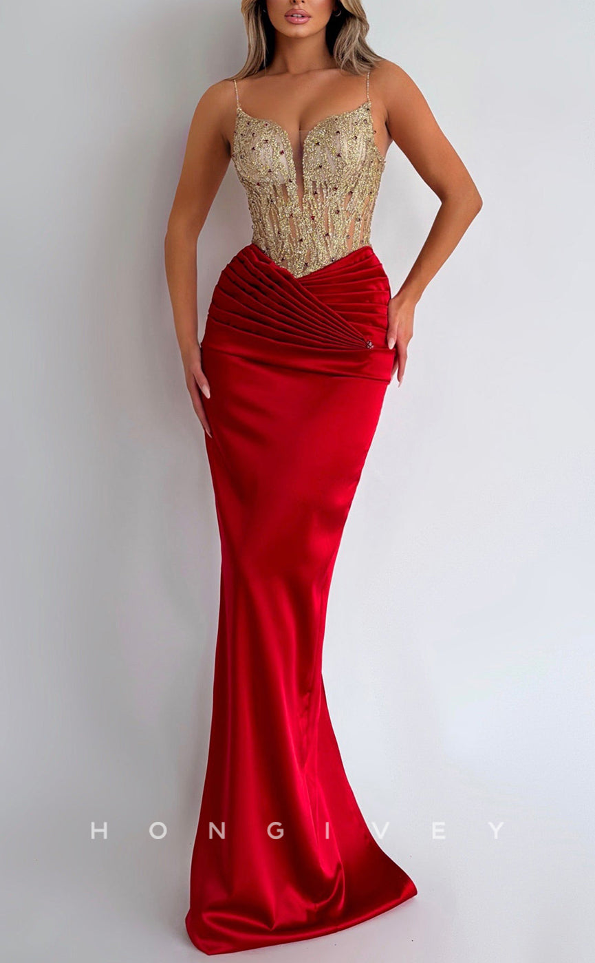 L2286 - Sexy Satin Fitted V-Neck Spaghetti Straps Illusion Empire Beaded Ruched Party Prom Evening Dress