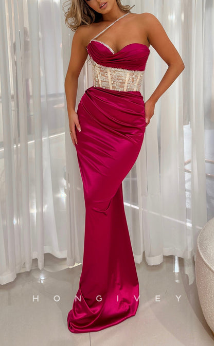 L2287 - Sexy Satin Fitted Sweetheart One Shoulder Illusion Empire Beaded Ruched Party Prom Evening Dress