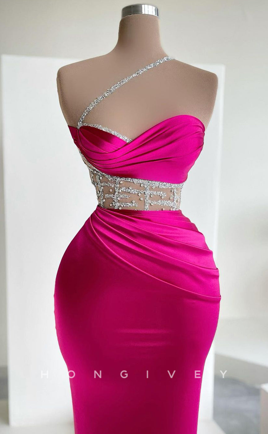 L2287 - Sexy Satin Fitted Sweetheart One Shoulder Illusion Empire Beaded Ruched Party Prom Evening Dress