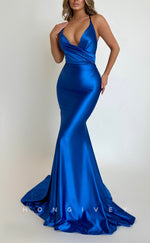 L2288 - Sexy Satin Trumpet Asymmetrical V-Neck Spaghetti Straps Empire Ruched With Train Party Prom Evening Dress