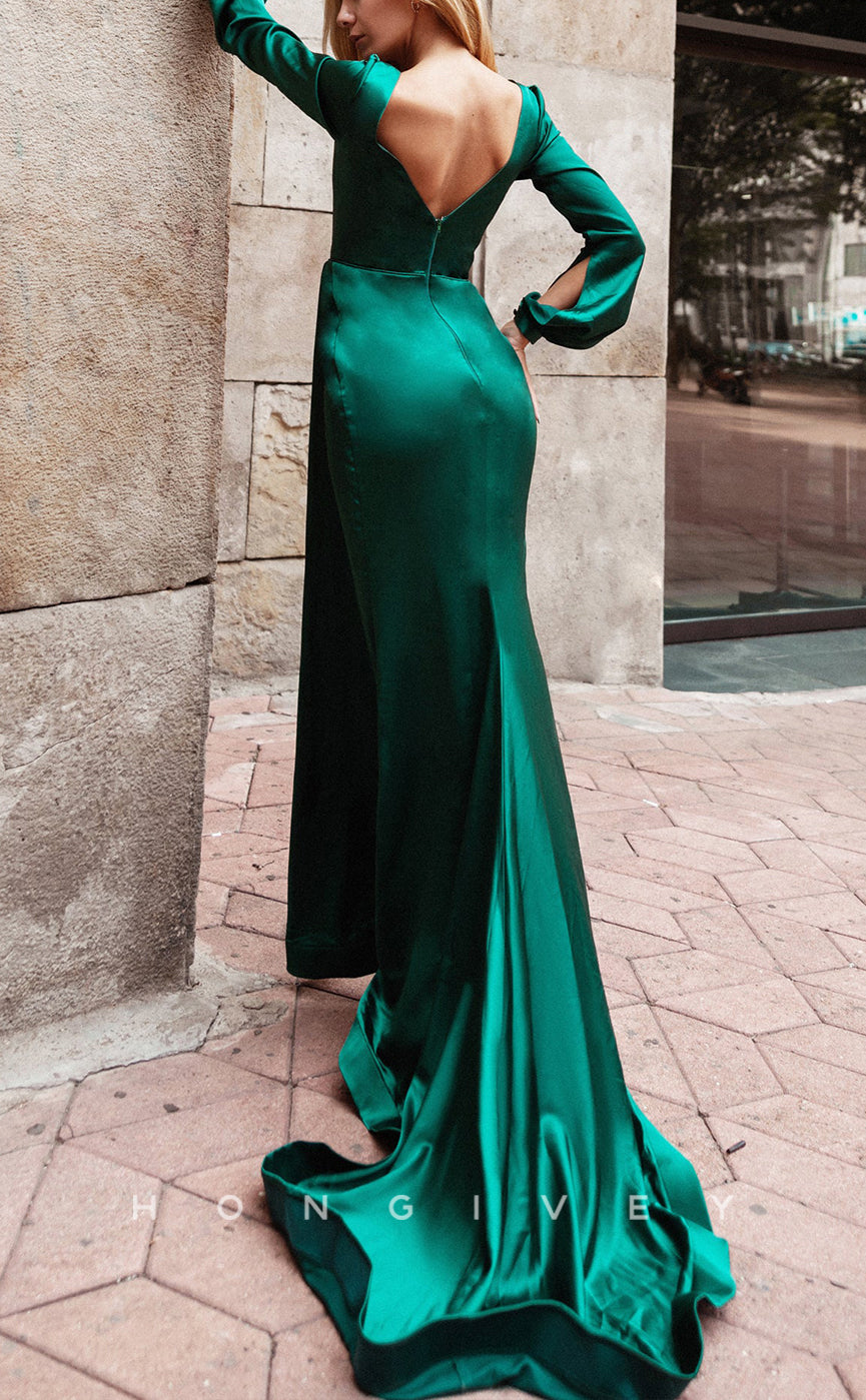 L2291 - Sexy Satin A-Line V-Neck Long Sleeves Empire Ruched With Side Slit Train Party Prom Evening Dress