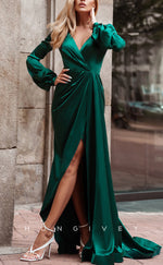 L2291 - Sexy Satin A-Line V-Neck Long Sleeves Empire Ruched With Side Slit Train Party Prom Evening Dress