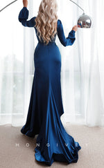 L2291 - Sexy Satin A-Line V-Neck Long Sleeves Empire Ruched With Side Slit Train Party Prom Evening Dress