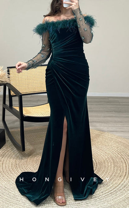 L2292 - Sexy Satin Trumpet Feathers Off-Shoulder Long Sleeve Empire Beaded Ruched With Side Slit Party Prom Evening Dress