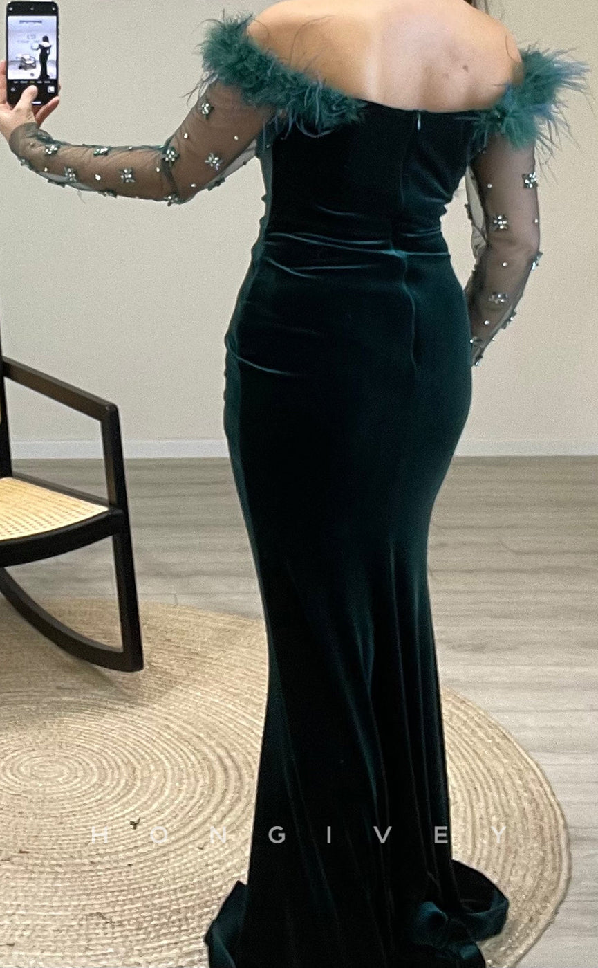 L2292 - Sexy Satin Trumpet Feathers Off-Shoulder Long Sleeve Empire Beaded Ruched With Side Slit Party Prom Evening Dress