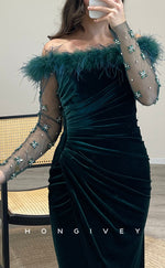 L2292 - Sexy Satin Trumpet Feathers Off-Shoulder Long Sleeve Empire Beaded Ruched With Side Slit Party Prom Evening Dress