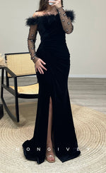 L2292 - Sexy Satin Trumpet Feathers Off-Shoulder Long Sleeve Empire Beaded Ruched With Side Slit Party Prom Evening Dress