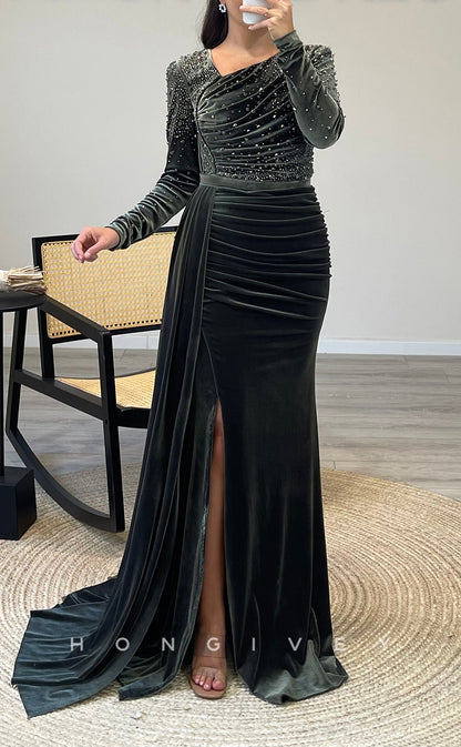 L2293 - Sexy Satin Fitted Asymmetrical Empire Long Sleeve Beaded Ruched With Side Slit Party Prom Evening Dress