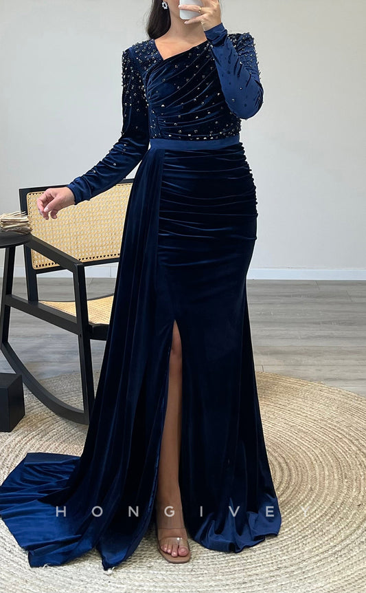 L2293 - Sexy Satin Fitted Asymmetrical Empire Long Sleeve Beaded Ruched With Side Slit Party Prom Evening Dress