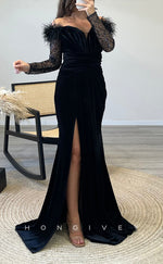 L2294 - Sexy Satin Trumpet Off-Shoulder Long Sleeve Empire Feathers Ruched With Side Slit Party Prom Evening Dress