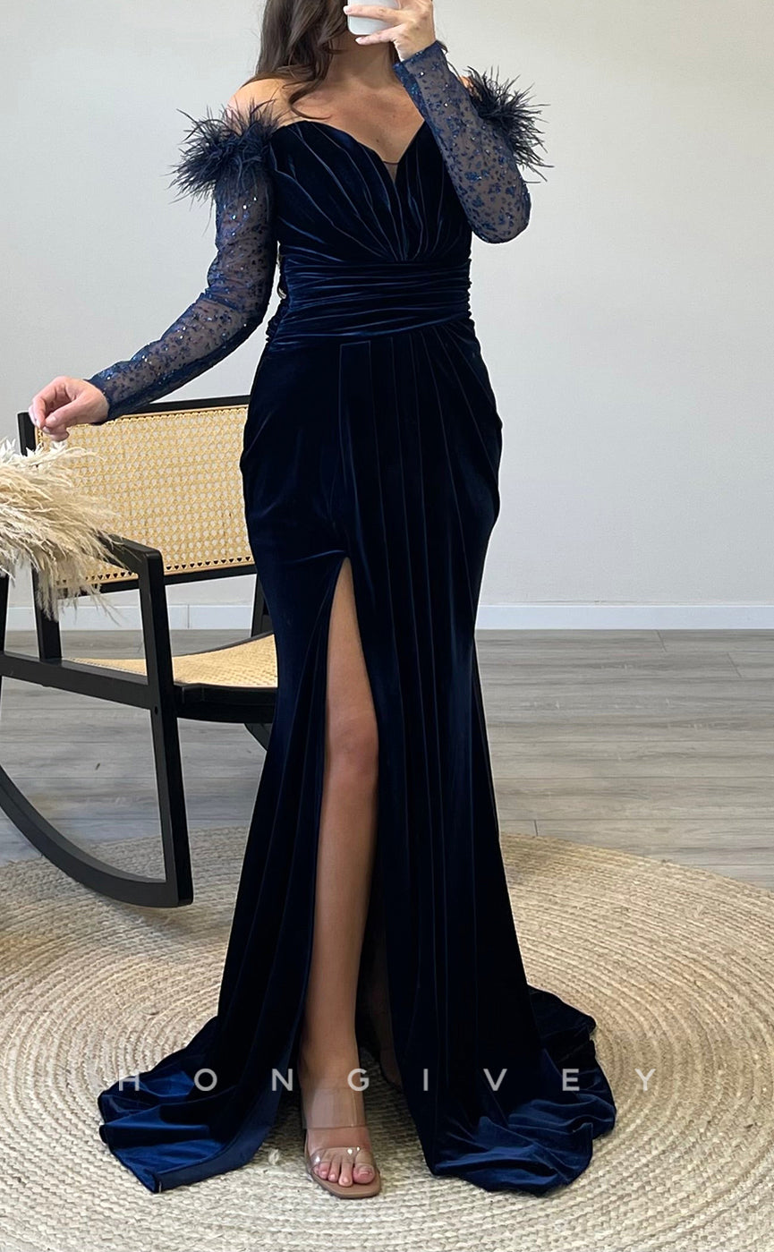 L2294 - Sexy Satin Trumpet Off-Shoulder Long Sleeve Empire Feathers Ruched With Side Slit Party Prom Evening Dress