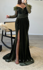 L2294 - Sexy Satin Trumpet Off-Shoulder Long Sleeve Empire Feathers Ruched With Side Slit Party Prom Evening Dress