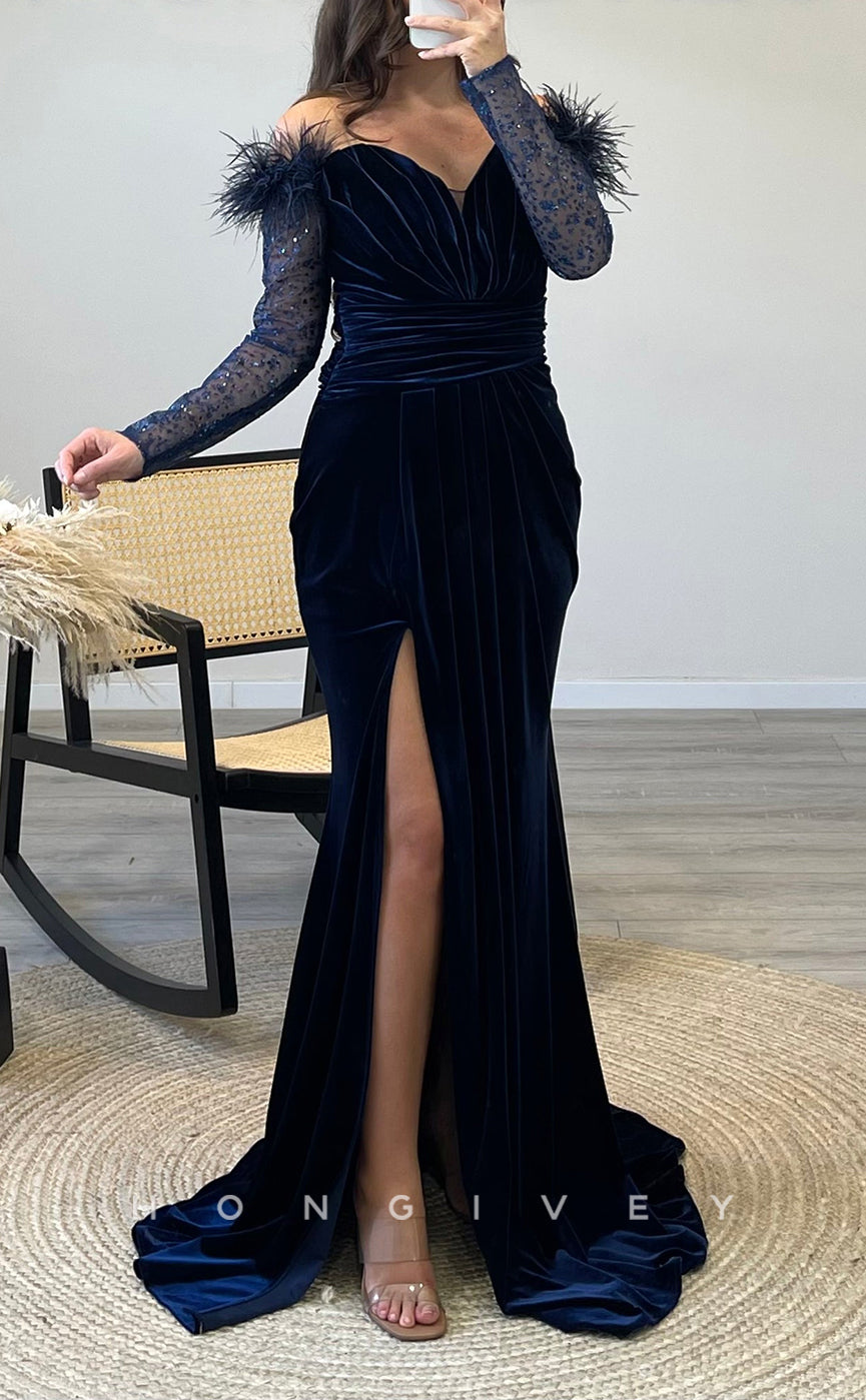 L2294 - Sexy Satin Trumpet Off-Shoulder Long Sleeve Empire Feathers Ruched With Side Slit Party Prom Evening Dress