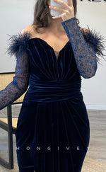 L2294 - Sexy Satin Trumpet Off-Shoulder Long Sleeve Empire Feathers Ruched With Side Slit Party Prom Evening Dress