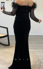 L2294 - Sexy Satin Trumpet Off-Shoulder Long Sleeve Empire Feathers Ruched With Side Slit Party Prom Evening Dress