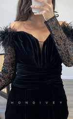 L2294 - Sexy Satin Trumpet Off-Shoulder Long Sleeve Empire Feathers Ruched With Side Slit Party Prom Evening Dress