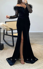 L2294 - Sexy Satin Trumpet Off-Shoulder Long Sleeve Empire Feathers Ruched With Side Slit Party Prom Evening Dress