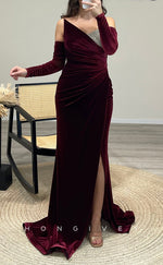 L2295 - Sexy Satin Trumpet Asymmetrical Empire Beaded Ruched With Side Slit Party Prom Evening Dress