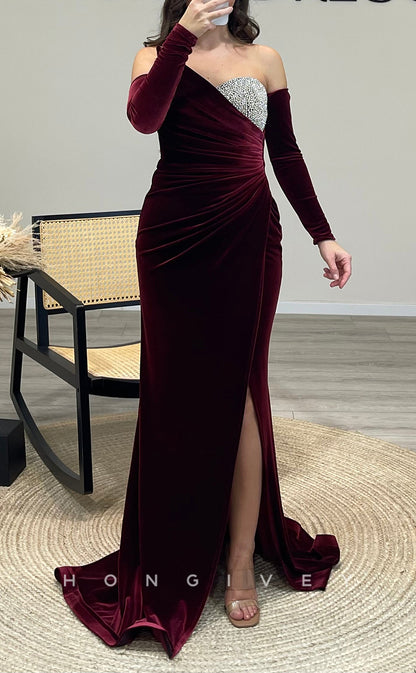 L2295 - Sexy Satin Trumpet Asymmetrical Empire Beaded Ruched With Side Slit Party Prom Evening Dress
