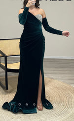 L2295 - Sexy Satin Trumpet Asymmetrical Empire Beaded Ruched With Side Slit Party Prom Evening Dress