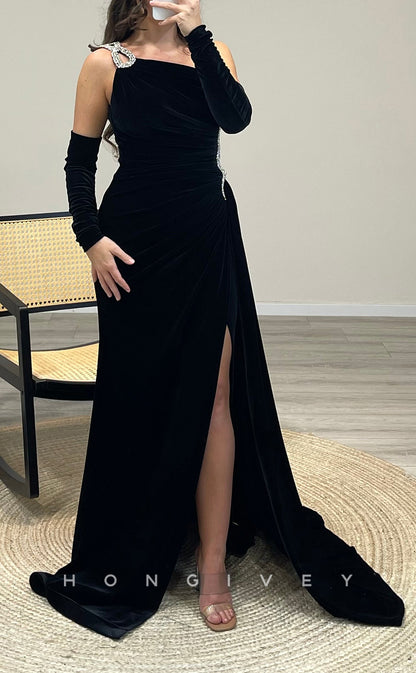 L2296 - Sexy Satin A-Line One Shoulder Empire Beaded Pleats With Side Slit Train Party Prom Evening Dress