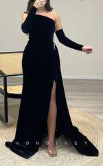 L2296 - Sexy Satin A-Line One Shoulder Empire Beaded Pleats With Side Slit Train Party Prom Evening Dress