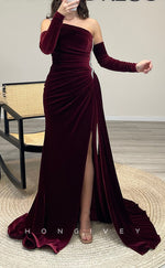 L2296 - Sexy Satin A-Line One Shoulder Empire Beaded Pleats With Side Slit Train Party Prom Evening Dress